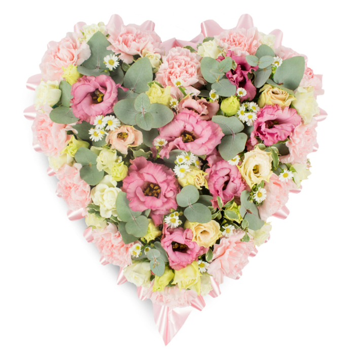 A meticulously crafted heart-shaped floral arrangement rests on a bright white background, designed as a loving tribute for a funeral or memorial service in the Southgate community. Around the outer edge, a delicate border of soft, pale pink flowers-mainly ruffled carnations-forms a plush, continuous outline, emphasising the familiar heart silhouette. Threaded along this border is a soft pink satin ribbon that catches the light in a gentle sheen, tied into small, precise bows that suggest careful, attentive hands at work in a local Southgate florist studio. Within this frame, the centre of the heart is densely filled with layers of blooms and foliage, creating a sense of fullness and abundance. Rich pink eustoma (lisianthus) blossoms open in varying tones, from rose to deeper fuchsia, their gently twisting petals adding movement and depth. Between them, clusters of smaller cream and pale yellow flowers, reminiscent of spray roses or miniature lisianthus, bring a mellow glow that softens the pinks and adds a hint of sunlight. Scattered thoughtfully throughout are tiny white daisies with bright yellow centres, offering playful dots of contrast and evoking wildflowers you might see on a walk through nearby Oakwood Park. Silvery-green eucalyptus leaves, rounded and slightly waxy, weave between the flowers, complemented by darker green foliage that adds structure and a natural woodland feel. The arrangement is lush yet controlled, clearly created as a sympathy tribute that speaks of devotion, gratitude, and remembrance. Whether placed beside a casket, on a memorial table, or delivered to a family home in Southgate, this floral heart communicates an enduring message of love and support through its gentle colours and graceful composition.