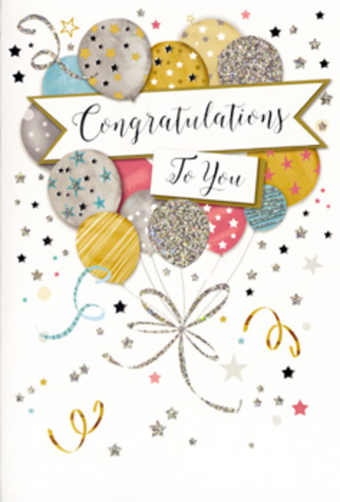 The image shows an elegant congratulations card that looks as if it has been inspired by a cheerful balloon release over Southgate Green, yet refined enough to suit any milestone. Centred on the card is a vertical bouquet of rounded balloons, clustered closely so they seem to gently press together, their surfaces glossy and softly luminous. Shades of brushed gold, shining silver, champagne beige, sky blue, blush pink, and cool grey mingle harmoniously, each balloon adorned with its own design: some carry tiny starbursts and delicate speckles, others wear fine metallic stripes or subtle patterns that resemble scattered confetti. Highlighted edges and carefully shaded contours give a sense of three-dimensional volume, like real balloons lit by calm afternoon light. From their bases, slender strings cascade downward, rendered in smooth, flowing lines of gold and silver, curling just enough to suggest movement, like ribbons fluttering outside a Southgate café on a breezy day. The pale background is punctuated with small metallic stars and swirling ribbon motifs that spiral outward from the central cluster, enhancing the impression of an ongoing celebration. Crossing the middle of the balloon bouquet is a soft, ribbon-like banner, lightly curved and outlined with a hint of shimmer. On it, in graceful cursive script, the words Congratulations To You stand out, giving the design a personal, heartfelt focus. The card's matte surface contrasts with touches that appear glittered or embossed, promising a pleasing texture when held. As a florist used to pairing cards with fresh bouquets for same-day delivery across Southgate, I can imagine this design nestling beside ivory roses or pastel gerberas, bringing a sophisticated yet joyful note to graduations, promotions, or any proud family achievement.