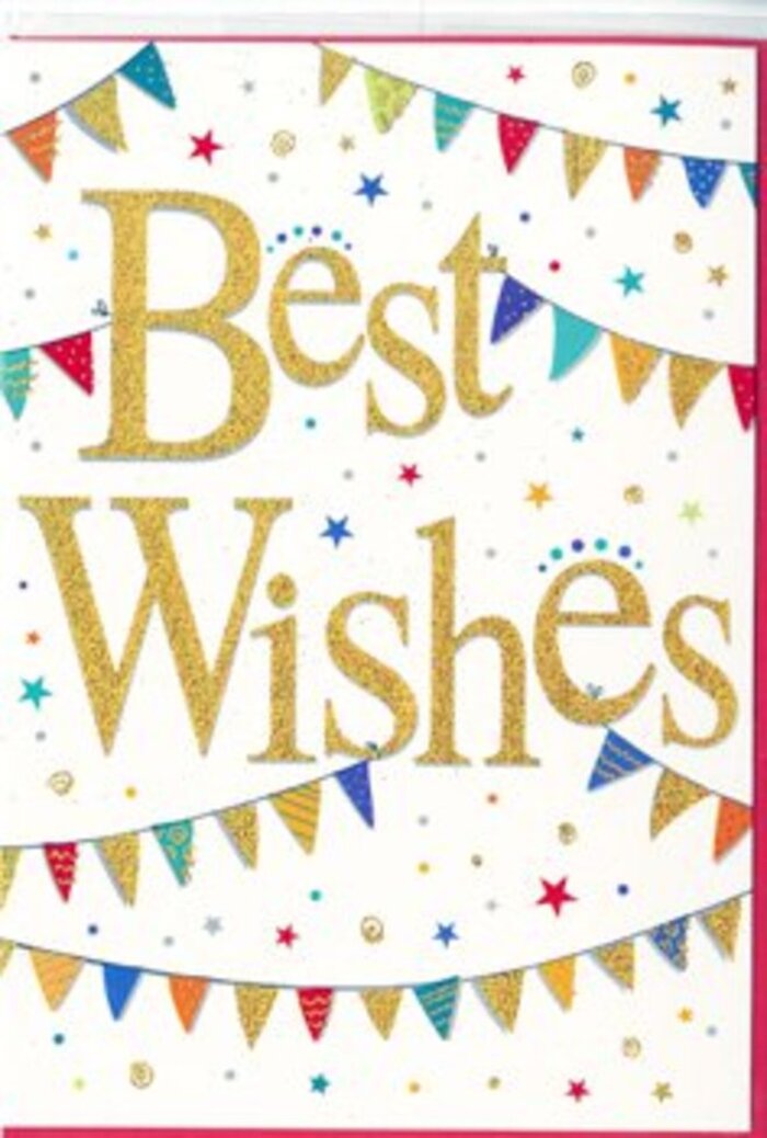 In this image, a joyful Best Wishes card is presented in close detail, conveying the same upbeat, community warmth you might sense strolling through Southgate on a bright weekend morning. At the heart of the design, the phrase Best Wishes is written in large, graceful script, the gold ink shimmering with a fine glitter that adds depth and texture. The letters are slightly embossed, giving them a tactile quality you can almost feel-smooth, raised curves that invite fingertips to trace each line. The background is a pristine white, lending space and clarity so the colours and sparkle stand out like bunting against a pale summer sky. Flowing across the top and bottom edges of the card, strings of bunting create gentle, welcoming arcs. Each tiny triangular flag is a different vivid shade-royal blue, ruby red, emerald green, golden yellow-some adorned with minuscule stripes or dots that add a sense of handmade charm, as if crafted at a local Southgate craft market. Dotted between and around the bunting are small stars and confetti-like specks, scattered in varying sizes and colours to suggest joyous motion, like confetti tossed in celebration outside a registry office or community hall. The layout feels balanced and airy, focused but never stiff, with a mood that blends excitement and sincerity. It is easy to imagine this card accompanying a florist's bouquet sent to congratulate someone on exam results, a new job in town, or a special milestone celebrated with family nearby. The design radiates hopeful energy, offering a warm, genuine wish for happiness and good fortune in the days ahead.