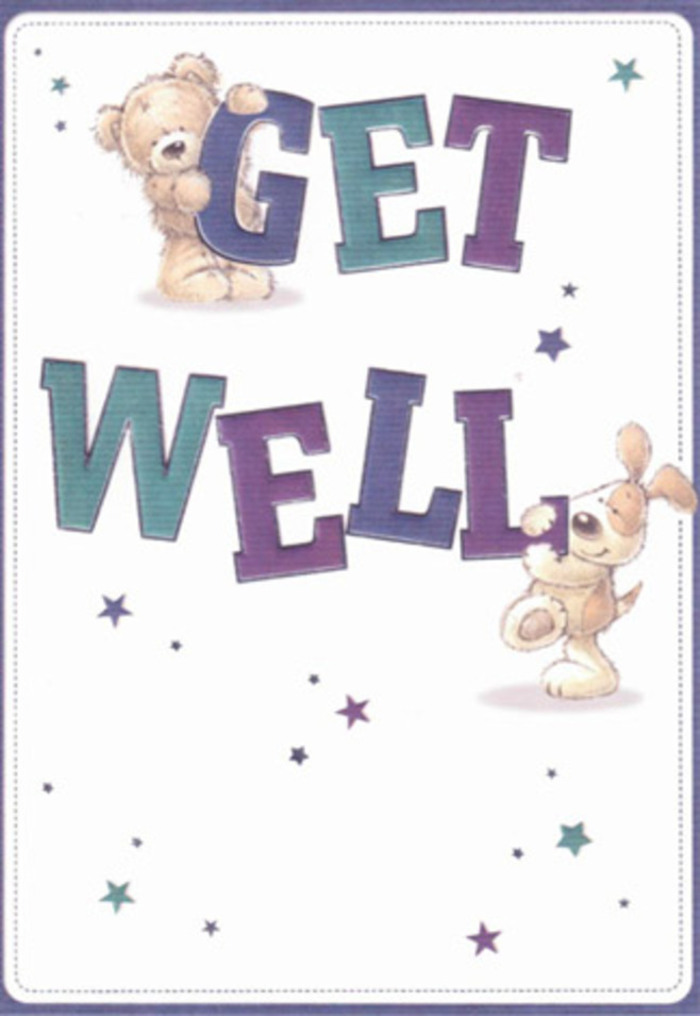 This get well card captures the restorative, neighbourly spirit of Southgate, its artwork radiating with cheerful encouragement much like the bustling atmosphere of Chase Side on a sunny afternoon. At its heart are two endearing characters-a cuddly teddy bear and an exuberant puppy-each joyfully interacting with the large, playful letters that spell out 'GET WELL.' The hues of deep purple and calming teal used in the text invite both visual comfort and youthful energy, their vibrancy magnified by a simple, fresh white background. Delicate, star-shaped flourishes dance around the scene in a constellation of blues and purples, symbolising bursts of optimism. The bear's thick, soft fur and the puppy's velvety ears appear almost touchable, reminiscent of running your fingers through a bouquet of Southgate's finest blooms. From the gentle tilt of the animals' heads to their spirited embrace of the message, every detail is an expression of kindness and encouragement. Just as a thoughtfully-arranged bouquet can brighten a hospital room or a friend's home along The Bourne, this card is crafted to deliver sincere reassurance and tender hope-perfect for anyone in need of a gentle lift in the heart of North London.